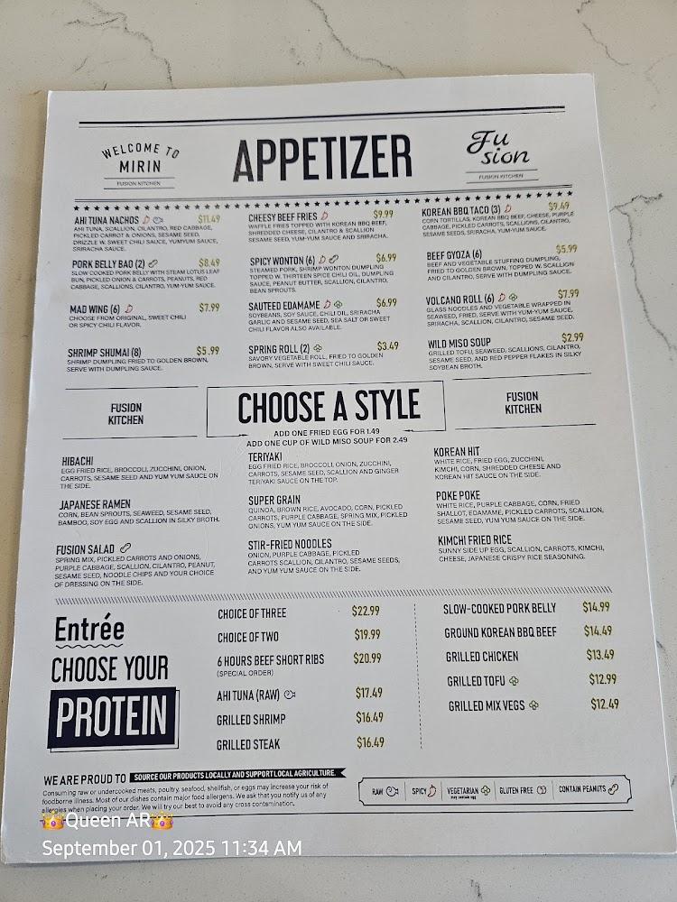 Mirin Fusion Kitchen In Evans Menu